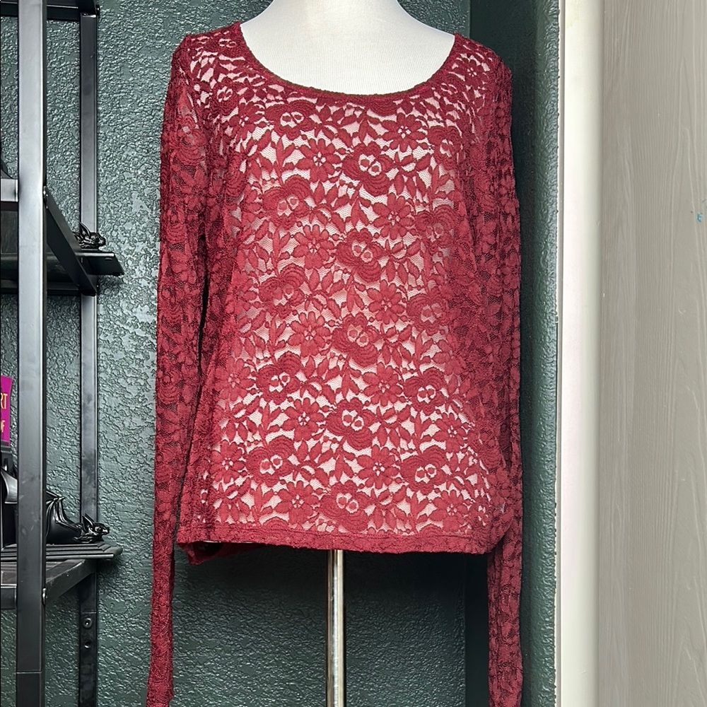 Red Long Sleeve Lace Blouse